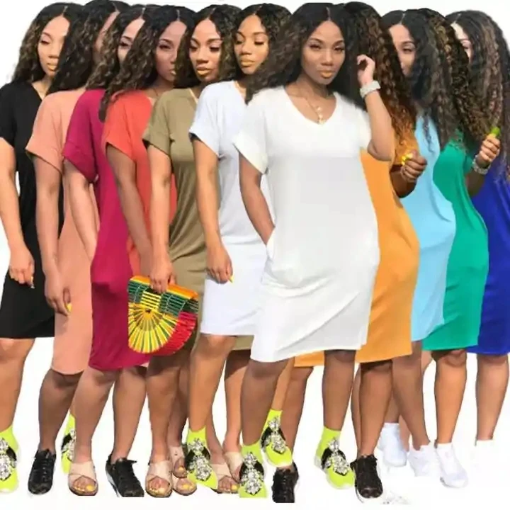 Women Summer Plus Size Straight Casual Short Sleeve Dresses Solid Color Casual T shirt Dress
