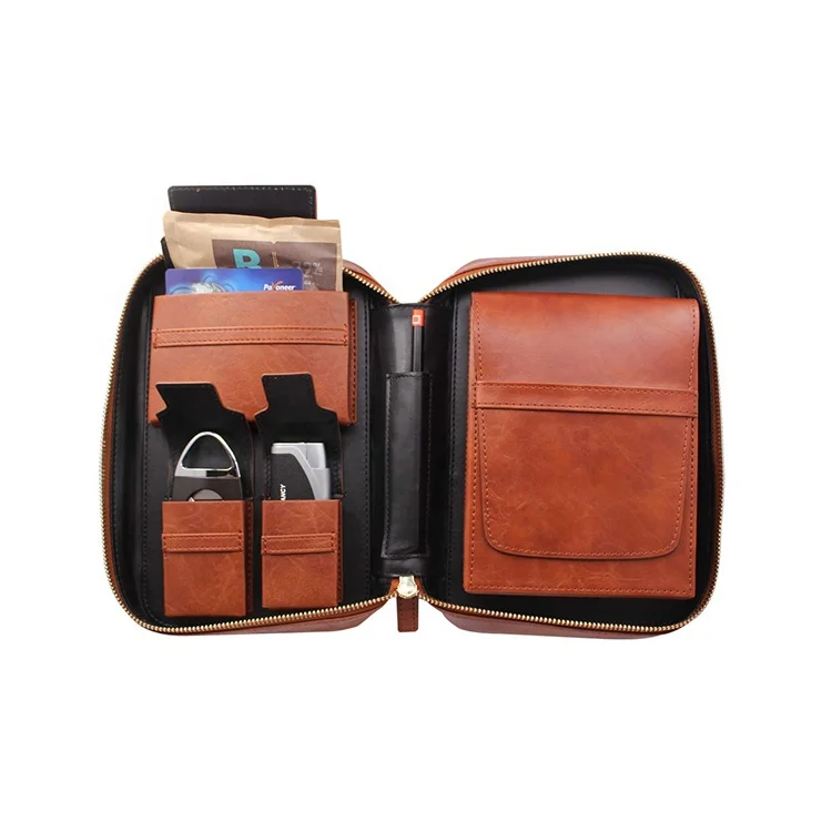 Portable multi-function brown leather cedar wood lined 5 holder travel cigar case with  cutter and lighter storage