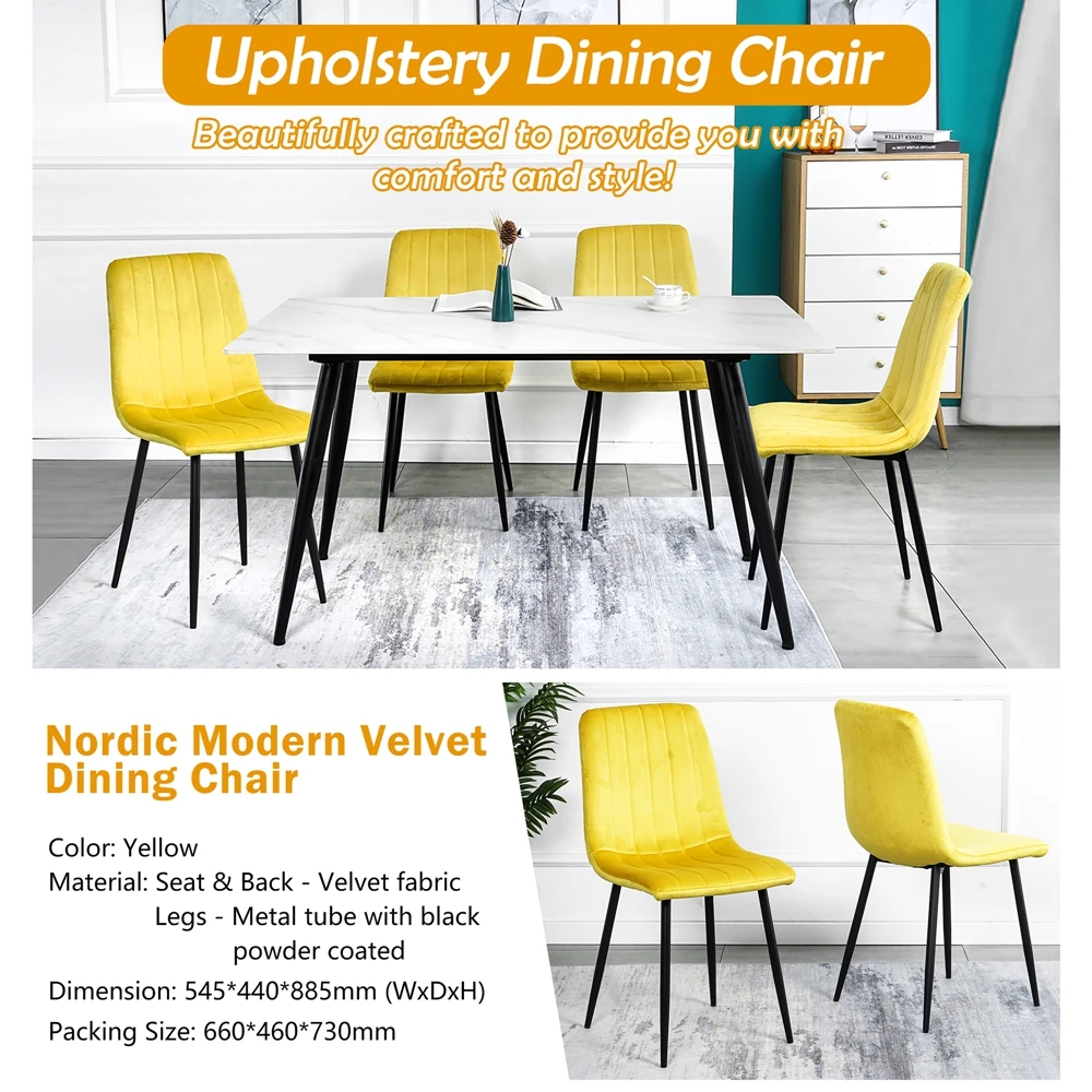 Home Hotel Restaurant Dinning Room Modern Yellow Fabric Dining Chair With Black metal Legs
