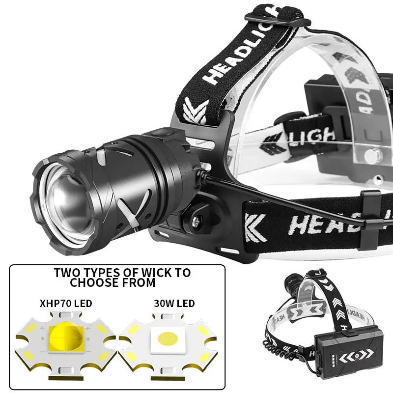 Super Powerful Zoomable Headlamp 3*18650 Type-C USB Hunting Headlight XHP70 30W LED Head Lamp Waterproof Head light Fishing lamp