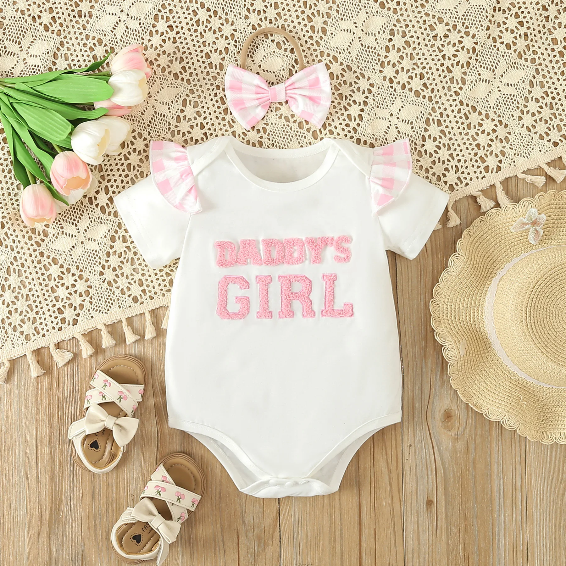Latest Baby Set Fashion Casual Baby Girls Short sleeved Embroidered Letter Romper Pink Plaid Ruffle Shorts+Headband Set