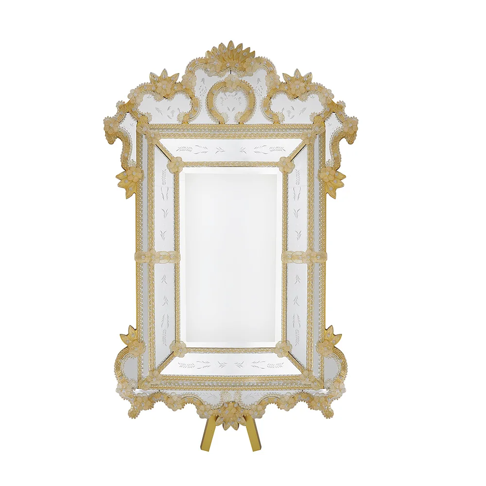 Factory Customized Luxury Gold Glass Irregular Handmade Beaded Engraved Murano Mirror Wall Mounted Living Room Room Mirror