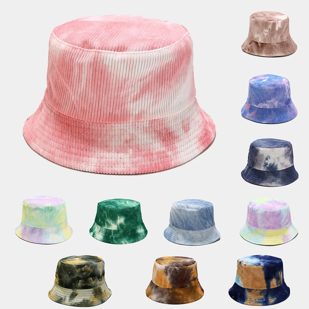 
Dvacaman 2021 Fashion Designer 13 Colors Tie Dye Corduroy Fishermen Hat/Bucket Hats for Women Winter Fall 
