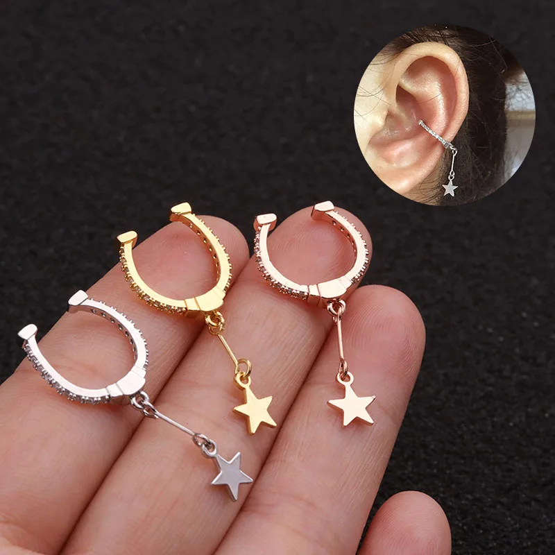 European American Micro-Inlaid Zircon Ear Clip Trendy Star Pendant Ear Jewelry Earrings New Fashion Creative Design Pearl Main