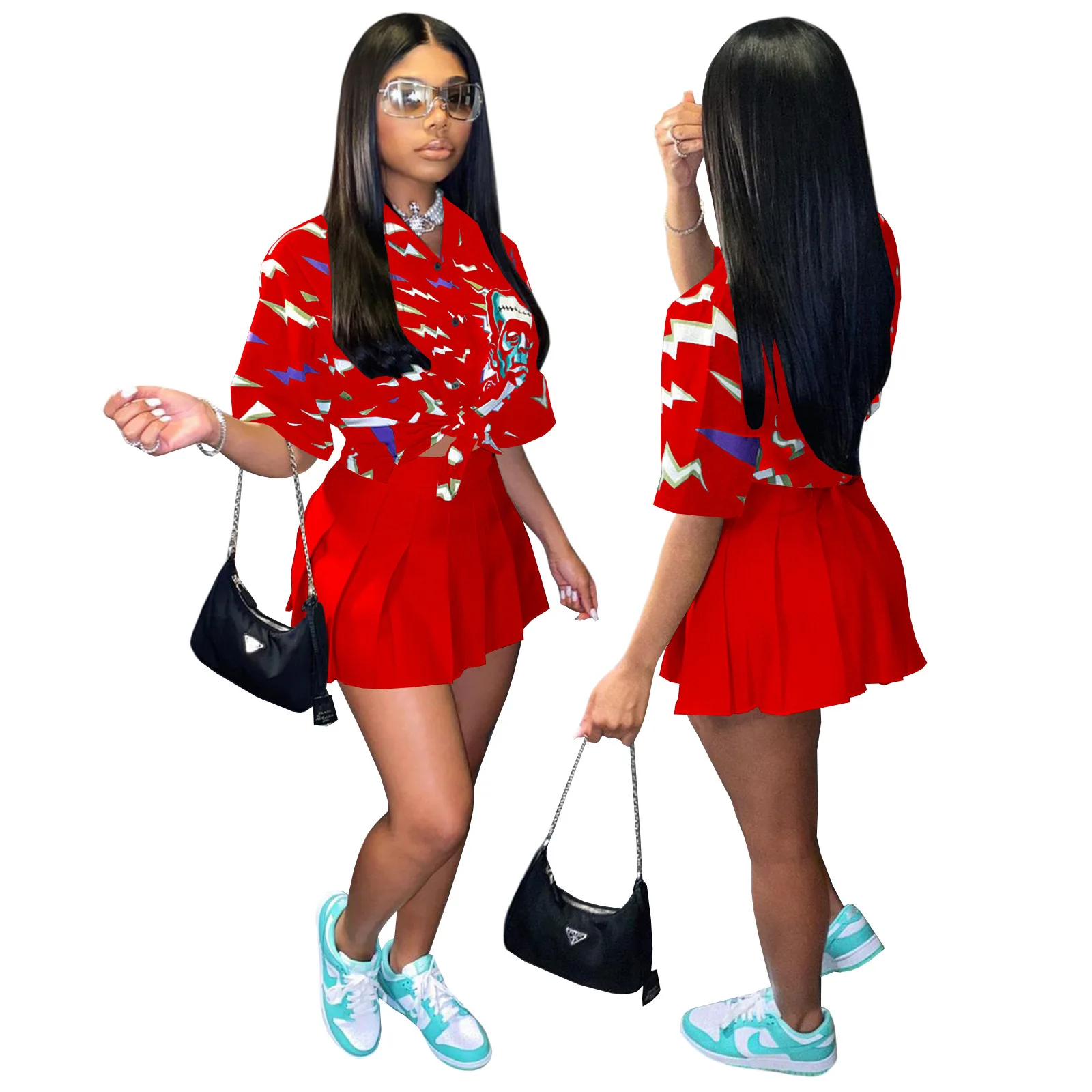 H2510  wholesale summer clothing skull print blue loose button shirt pleated fashion red sexy two piece skirt dresses