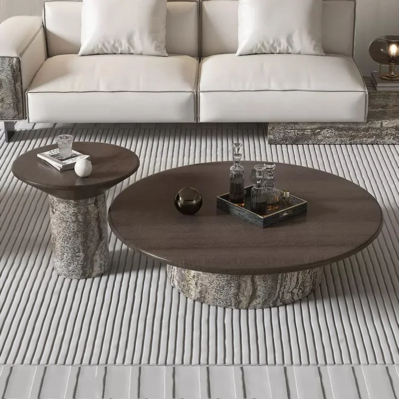OEM New arrival wholesale contemporary round living room furniture limestone solid wood table top marble travertine coffee table