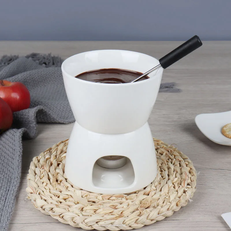 Custom Ceramic Fondue Pot Swiss Cheese Chocolate Melting Hotpot Fondue Set with Fork
