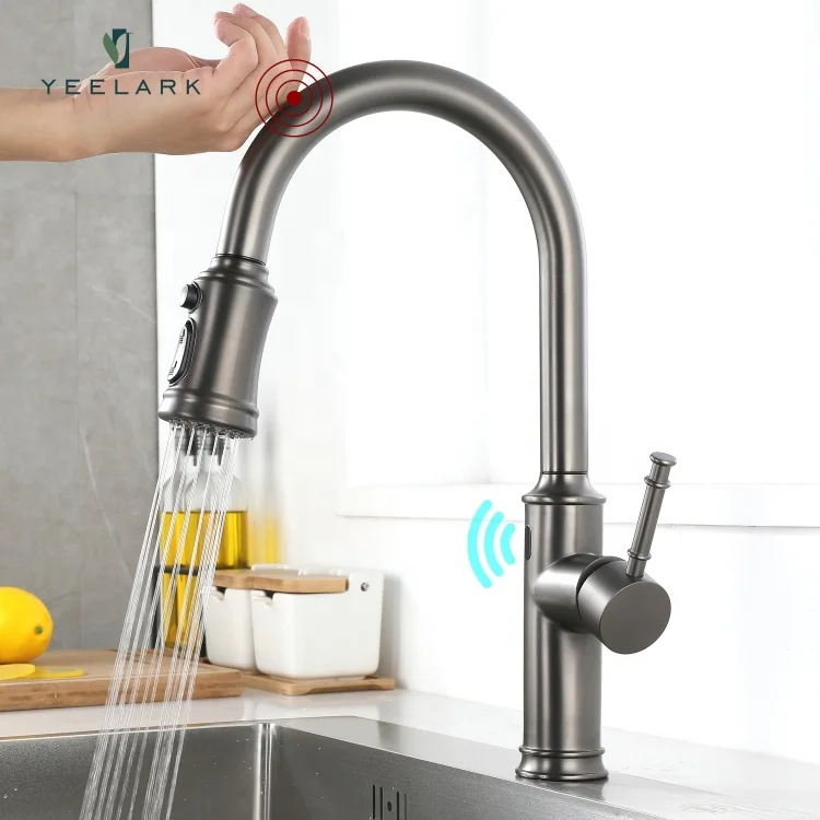 Commercial Automatic Brushed Graphite Finished Pull Down 304 Stainless Steel Touchless Smart Sensor Kitchen Sink Faucet Tap