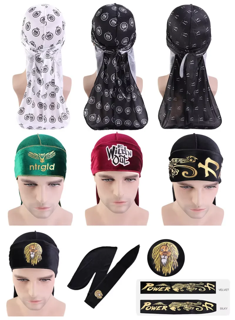 Custom Men Velvet Durag with Long Tail Silky Durag Headwraps for 360 Waves