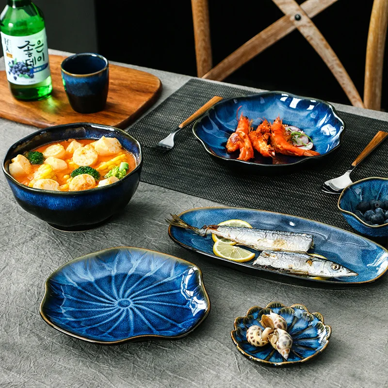 Ceramic Tableware Plates Sets Dinnerware Kiln Porcelain Plate Japanese Blue Glaze Ceramic Bowl For Home Hotel