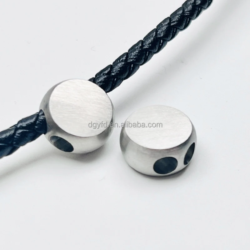 Custom Engraved Flat Round Bead 2-Hole Stainless Steel Brush Drum Slider Bead Findings Sailor Rope Leather Cord Bracelet Making