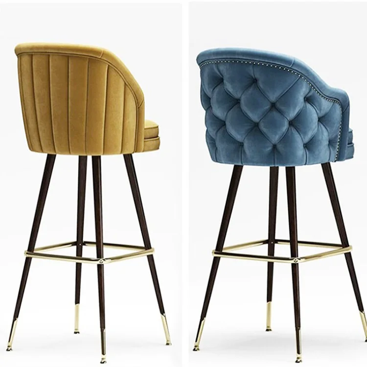 Luxury Style Dining Room Wooden Leg Design With Gold Metal Cover High Bar Stool Modern Nave Blue Velvet Restaurant Bar Chair