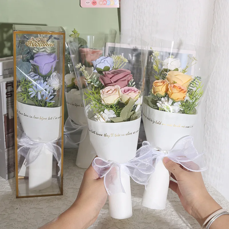 Flowers Gift Handbag Wedding Gift Box with Transparent Window Wedding Anniversary Finished Silk Flower Bouquet