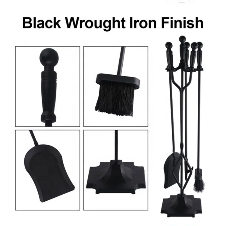 Large Wrought Iron Outdoor Fire Pit Stand with 5-Piece Fireplace Tools Set for Outdoor Fireset & Fire Tool Holder
