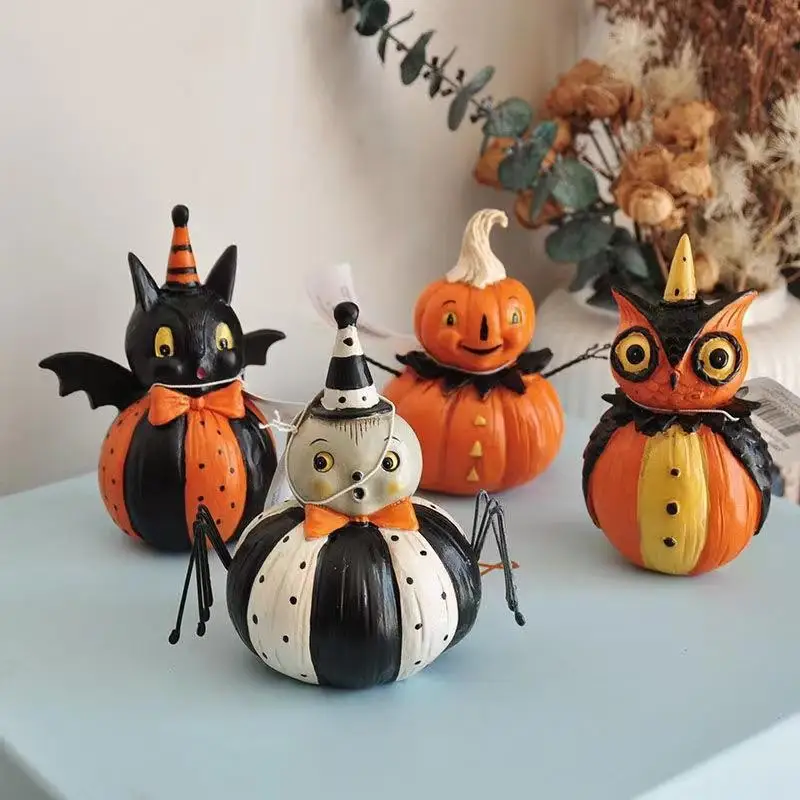 Creative Retro Painted Black Cat Pumpkin Goblin Fun Scene Halloween Decoration Ornaments Resin Crafts 4-piece Set