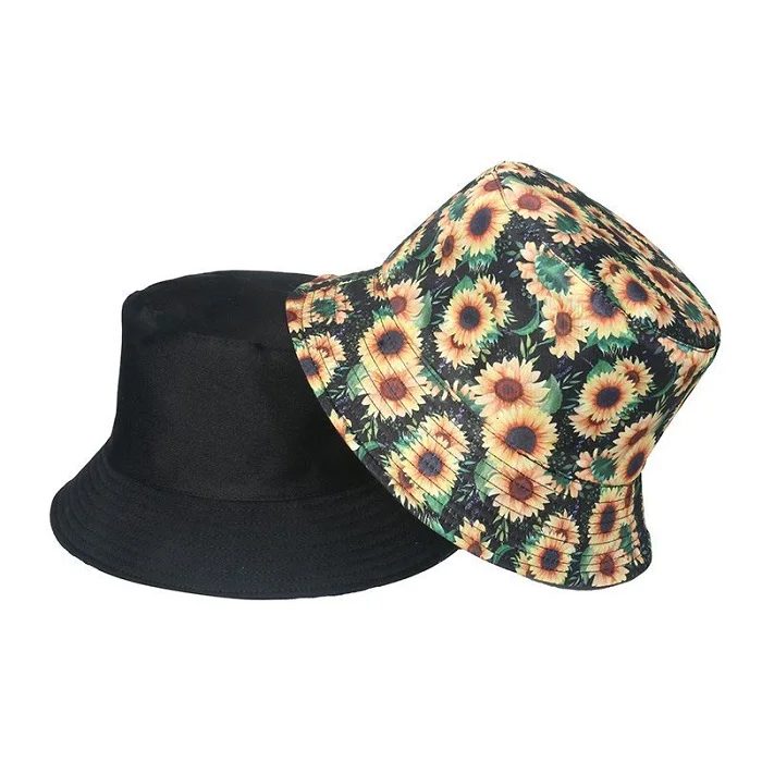 Black Summer Sunflower Print Reversible Fisherman Bucket Hats