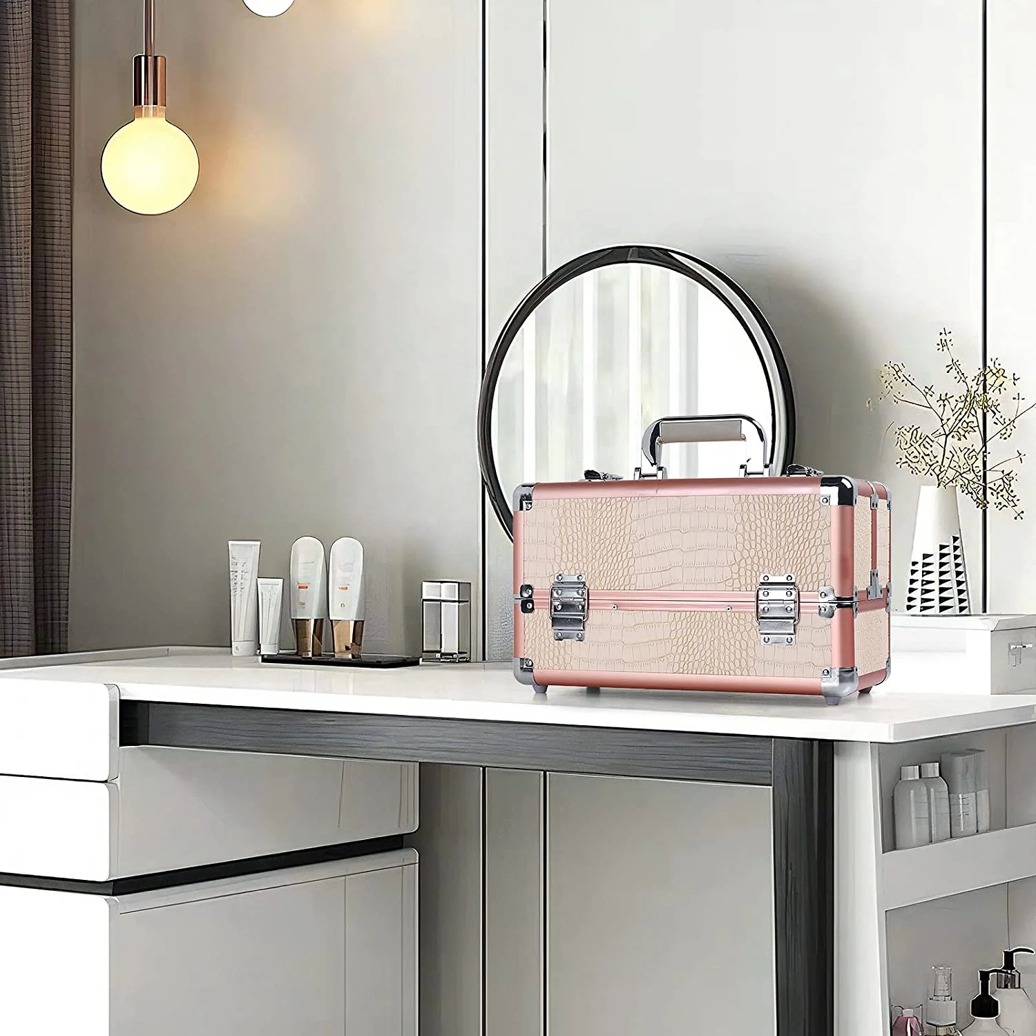 Large 4-Tray Makeup Organizer Box PVC Storage Case Pink Crocodile Texture Fashionable Aluminum Storage Boxes Cosmetics Travel