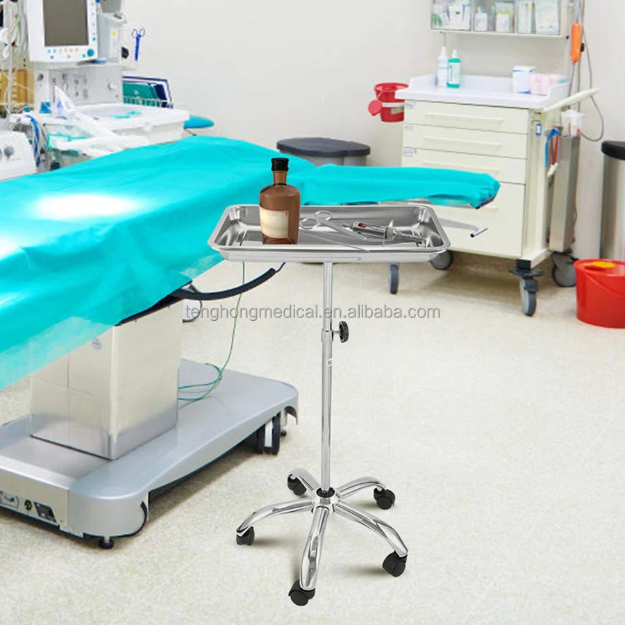 Height Adjustable Medical lifting Steel Mayo Trolley Instrument Stand with Removable Tray
