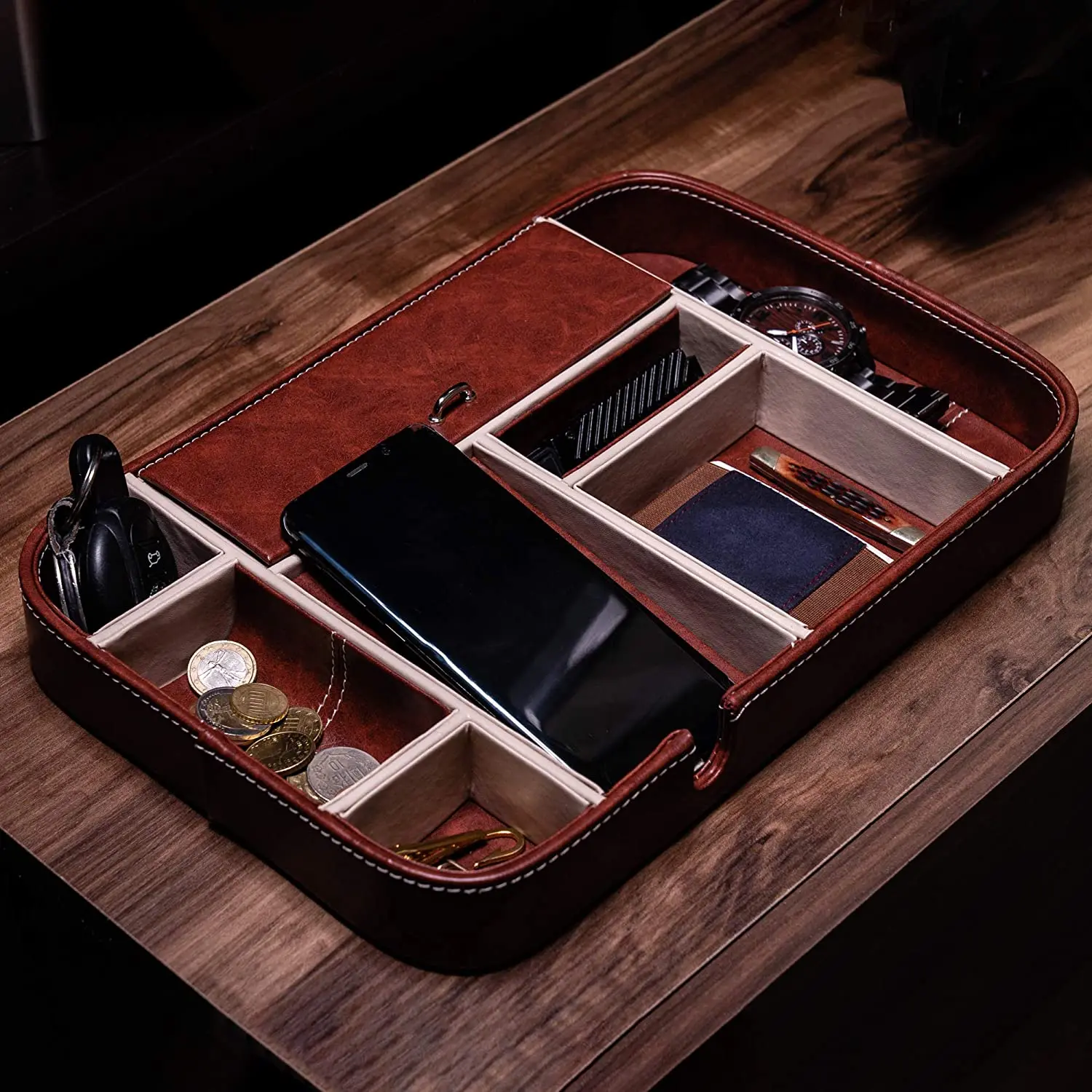 Home EDC Tray Nightstand Table decorative Trays Organizer Wireless Charging Pad catchall Faux Leather Valet Trays for Men