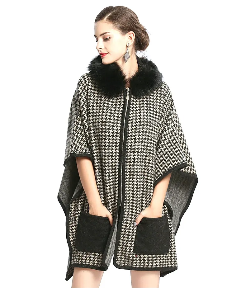 Knitting Women Fashionable Hoodie Kimono Zipper Poncho Sweaters