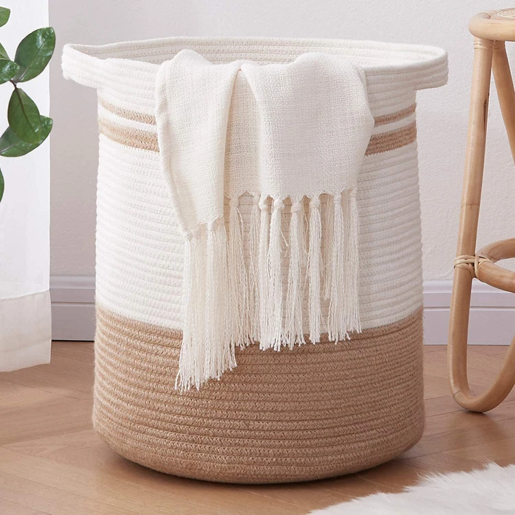 New Modern 58L Woven Cotton Rope Collapsible Handmade Laundry Clothes Storage Basket for Blankets Laundry Room Bedroom Storage