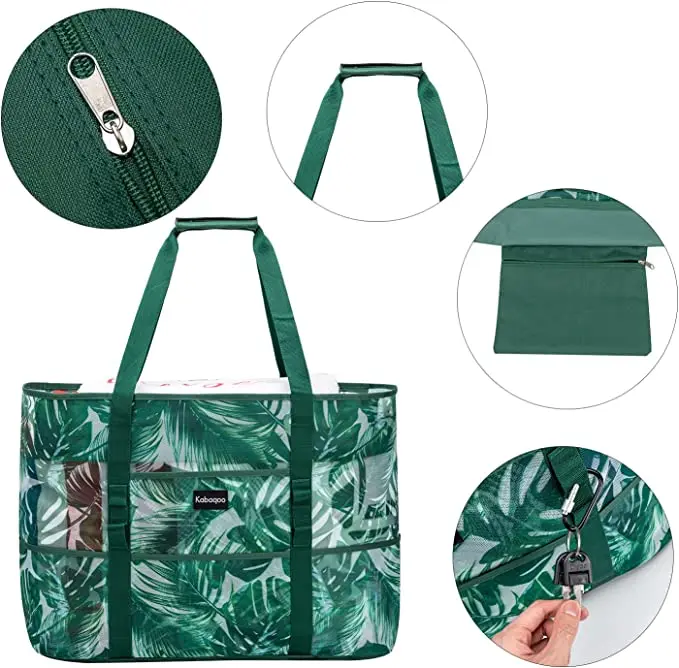 Ruthbag mesh Beach Bag Extra Large Bags with 9 Pockets & Zipper Waterproof Lightweight Beach Tote for Beach/Pool Trip