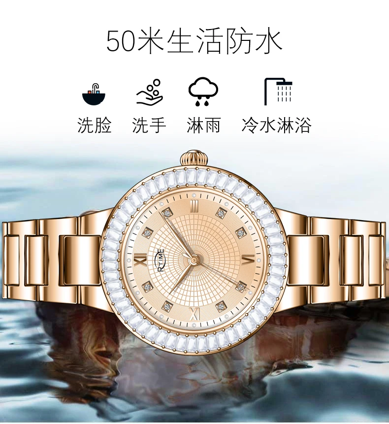 stainless steel crystal women quartz wrist watch sapphire glass 50M water resistant lady watch