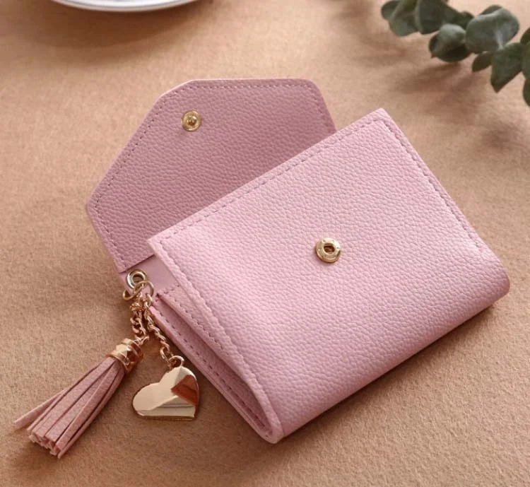 custom logo pink ladies heart pendant leather foldable card bags tassel women purse short wallet