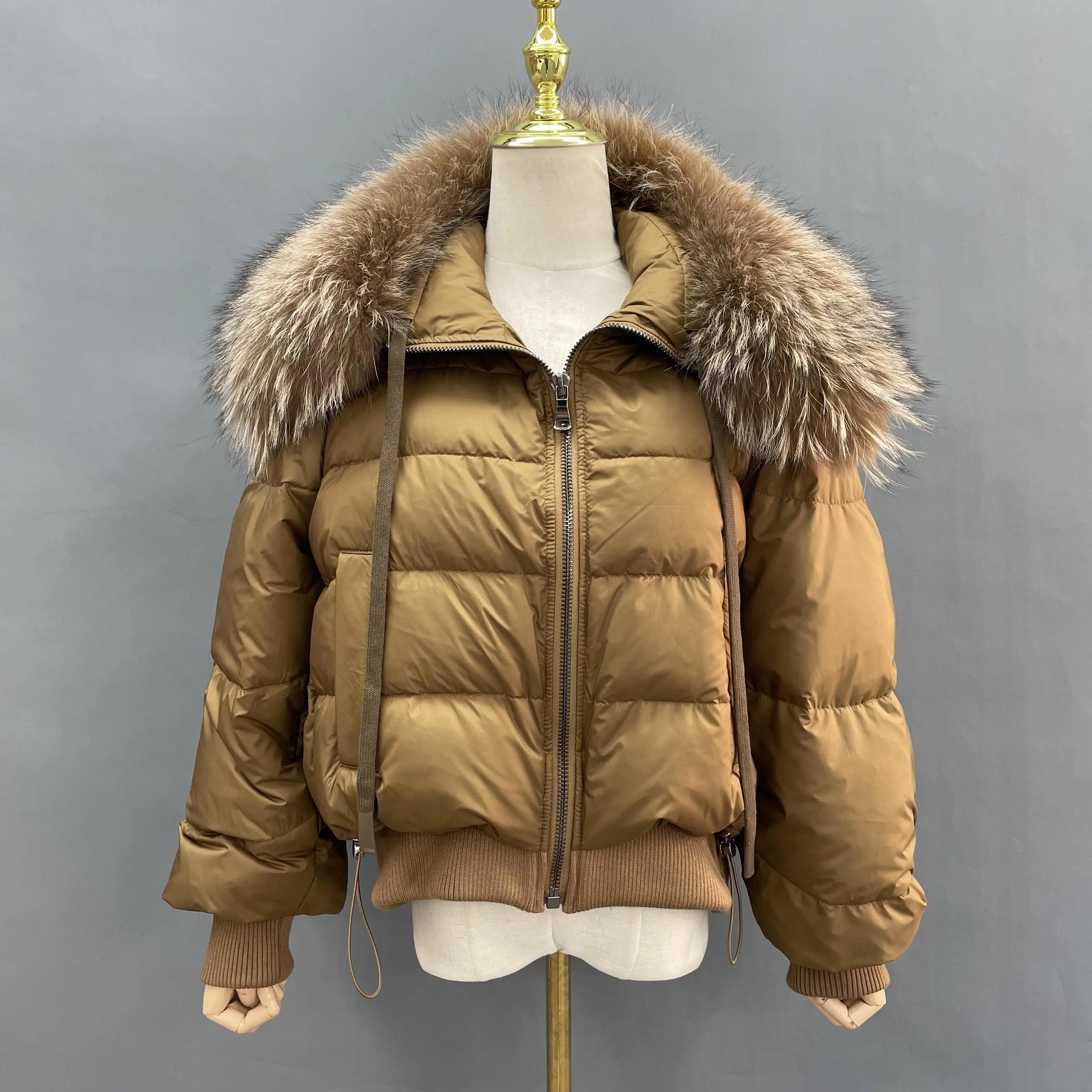 Raccoon Fur Collar Detachable Bat Sleeve Waist Tightening Short Goose Down Filled Puffer Jacket