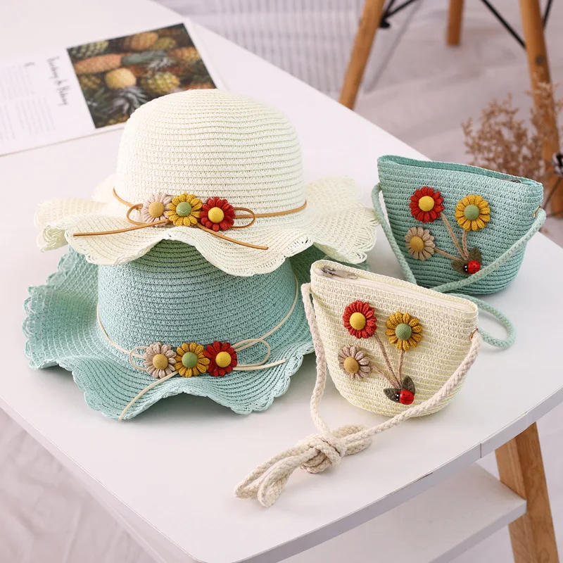 Parent-child Travel Beach Hat Sun protection Shading Large Brim Straw Trendy Korean Version Bag Set Mommy and