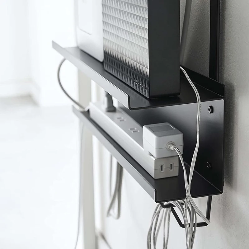 2 Tier Hanging Wire management Holder living room Under Desk router Organizer rack Tray metal With hooks Socket manager shelf
