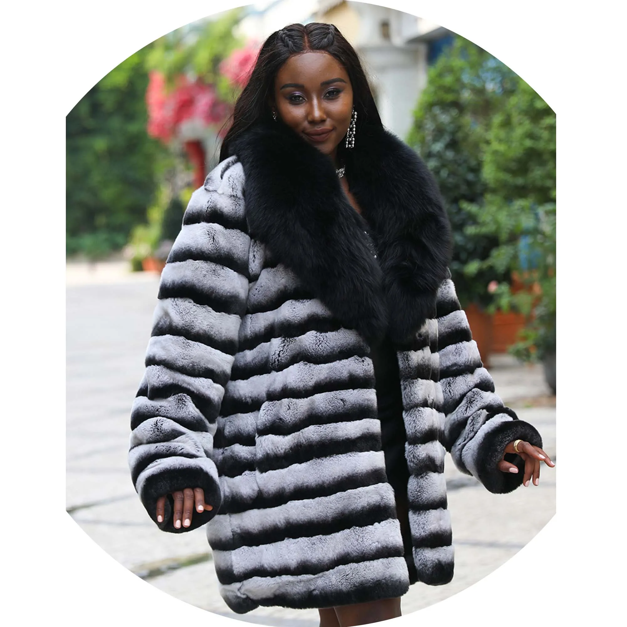 Fashion Warm Big Fox Fur Collar Women Chinchilla Rex Rabbit Fur Coat