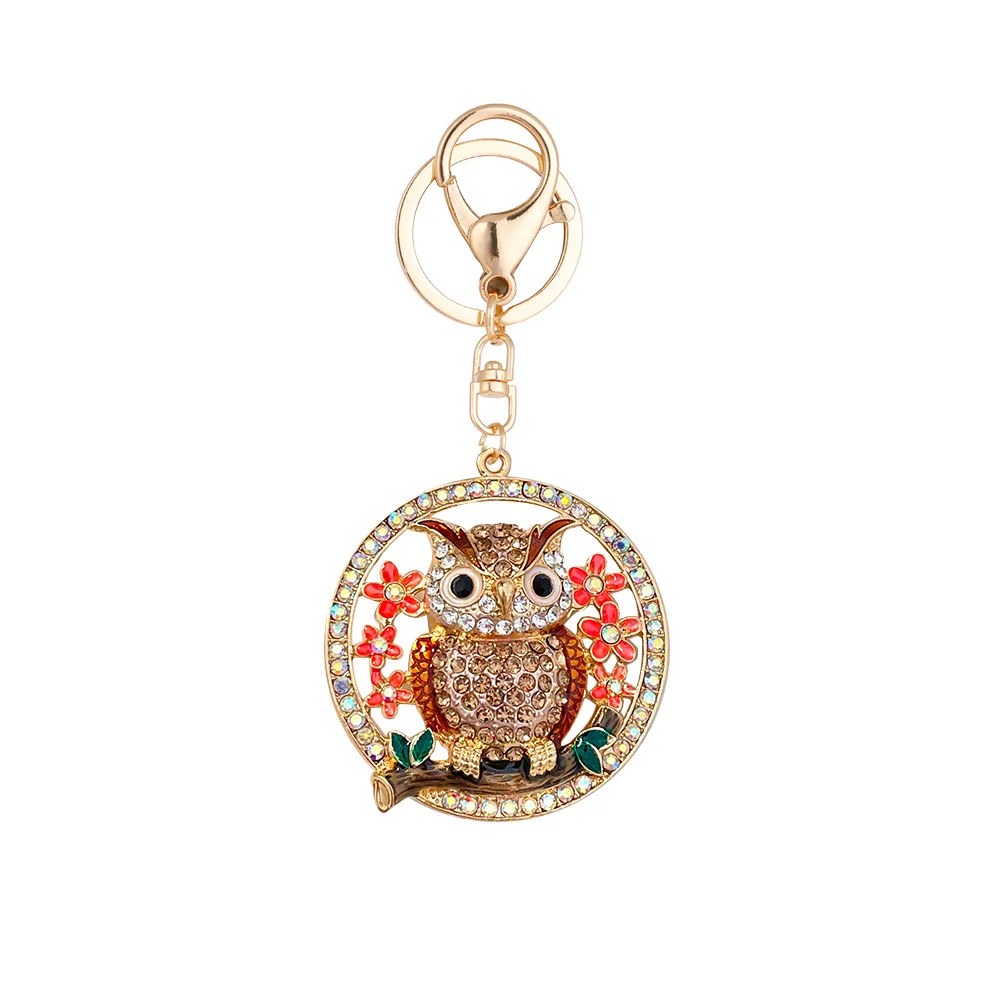 Wholesale Accessory Gold Animal Owl Shaped Key Ring Colorful Rhinestone Owl Key Holder Chain For Gift