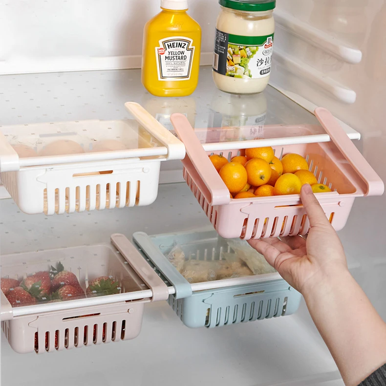 DS1905 Adjustable Refrigerator Box Sliding Partition Fridge Hanging Organizer Retractable Drawer Type Refrigerator Storage Box
