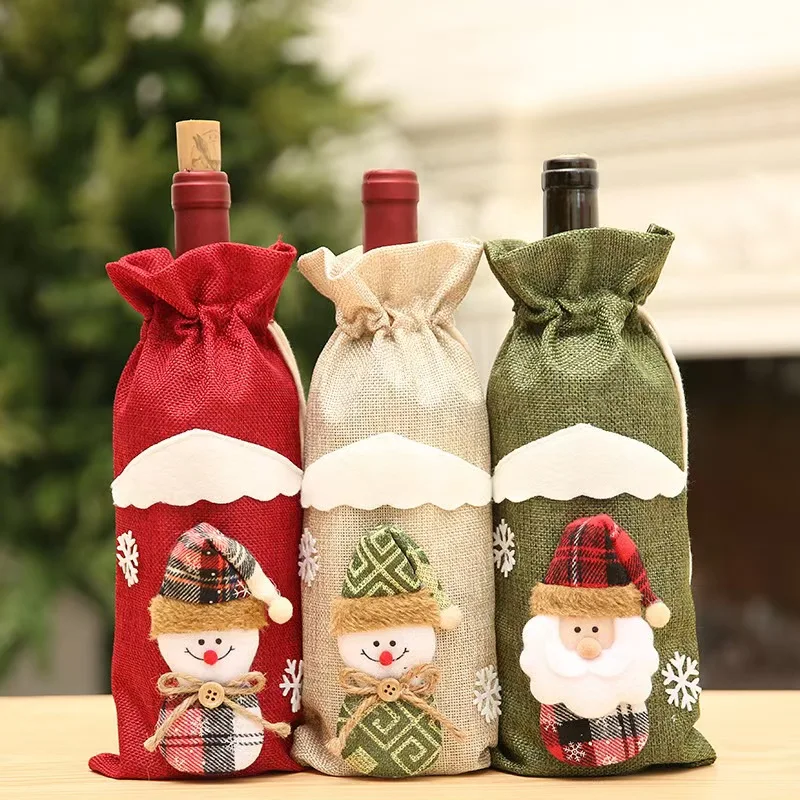Hot Selling Cross-Border Christmas Wine Set Jute Champagne Bottle Bag Christmas Decoration Bar Restaurant Party Table Atmosphere