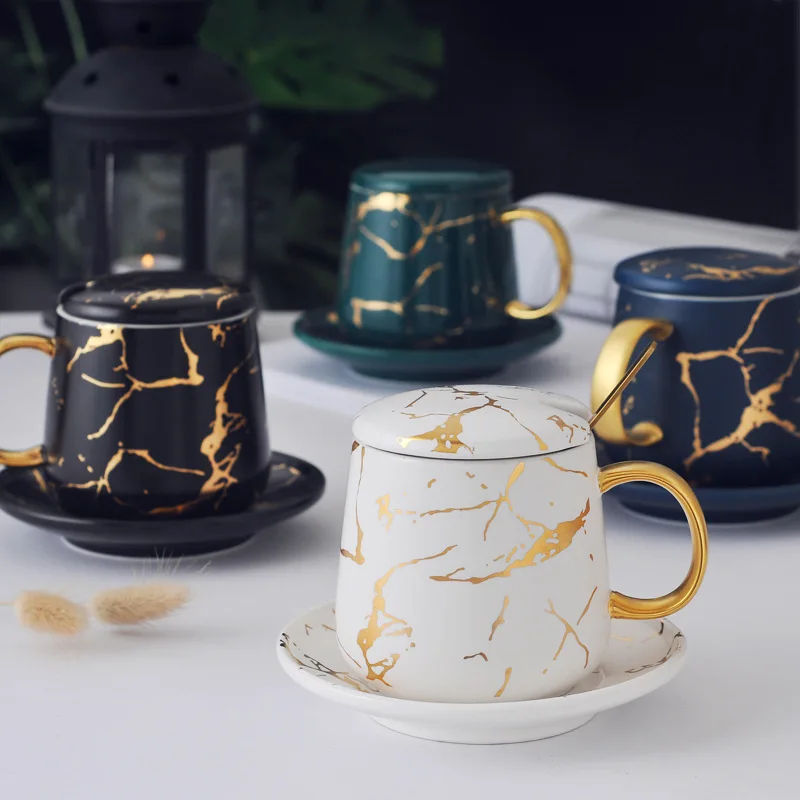  Роскошная черная матовая мраморная кофейная керамическая кружка чашка с блюдцем тарелкой крышкой