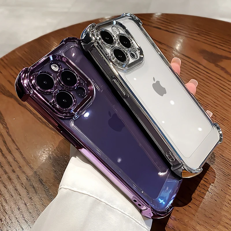 Luxury Plating Transparent Case For iPhone 15 14 13 12 11 Pro Max Gold Clear Shockproof Air bag Full Lens Soft Bumper Covers