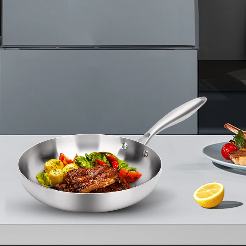 Frying pan long handle mini deep cooking kitchen cookware pots induction bottom non stick double sided 304 stainless steel pan