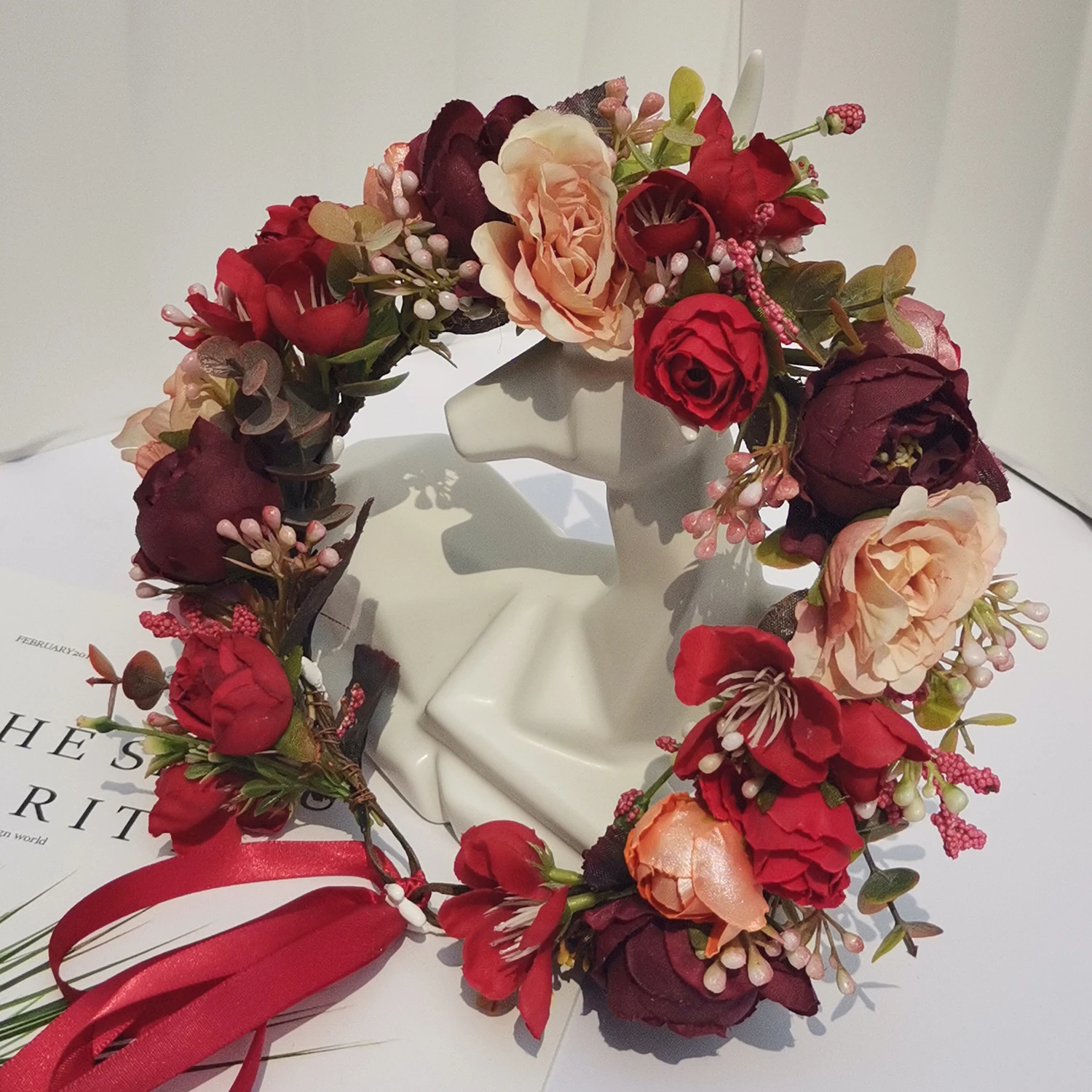 Floral Headpiece Garland Halo Photo Shoot Flower Crown Christmas Red Headband Wedding Headdress Bride Corolla Hairwear Wreath