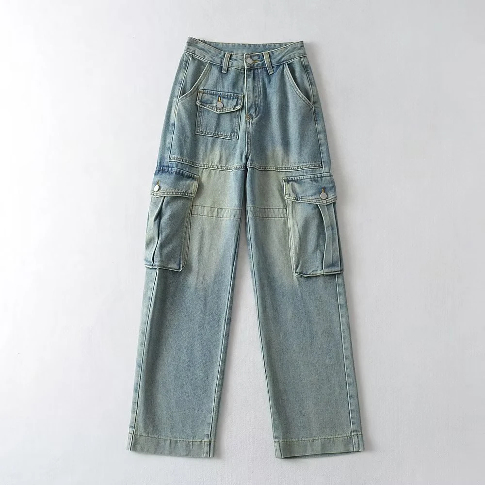Accordion Pocket Pants Vintage Cago Jeans Straight Leg Womans Washed Denim High Waist Cargaison Pantalons Ladies Woven Softener