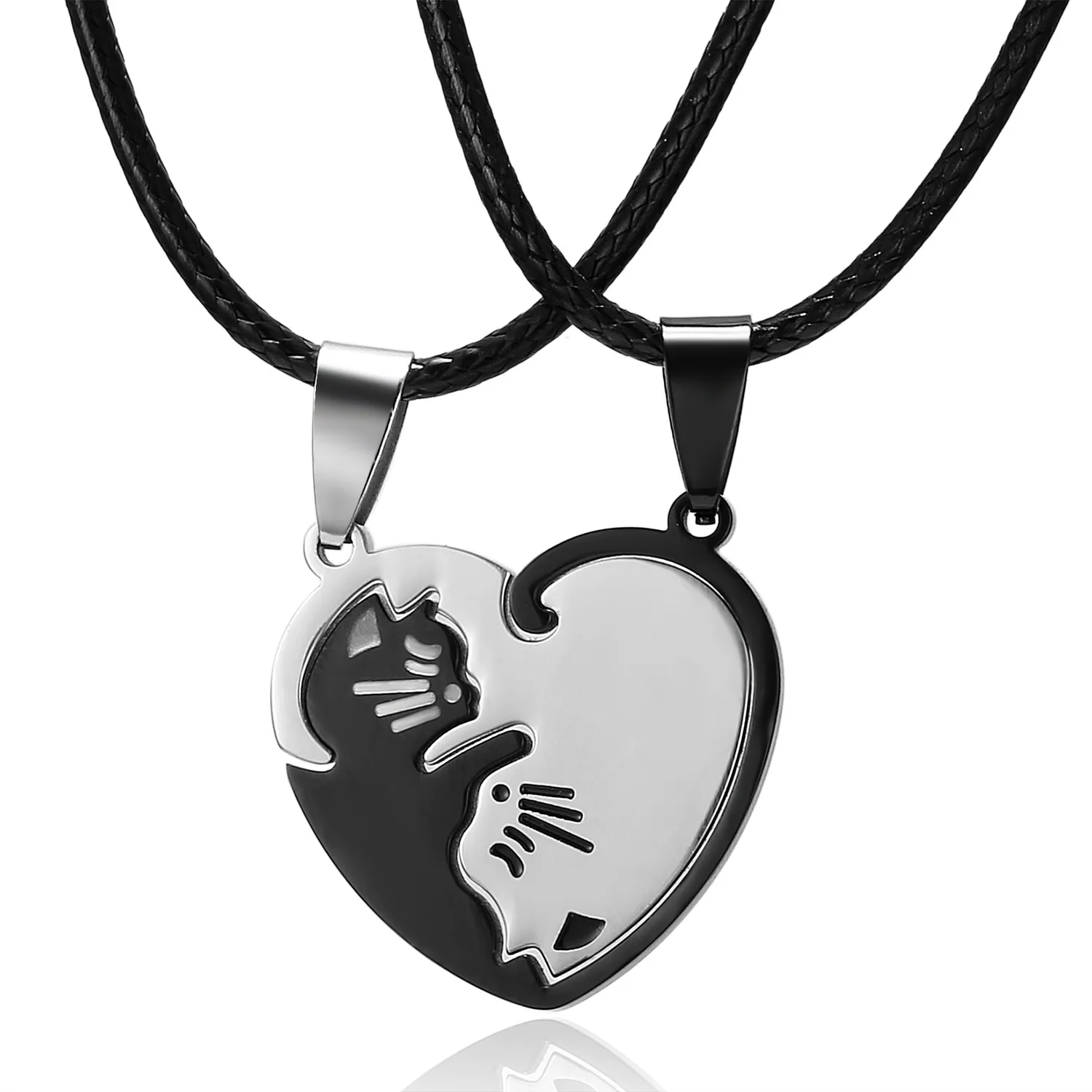 Fashionable Couple Necklaces Stainless Steel Black White Cat Good Luck Heart Pendant Necklace for Best Friends Gift Jewelry