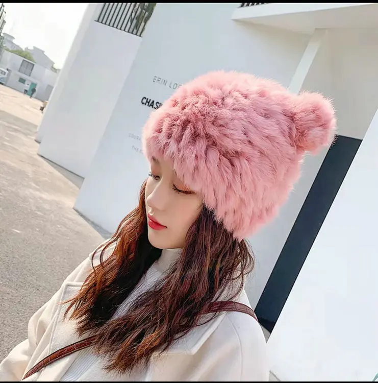 New arrival custom Woman Winter Real Rabbit Fur Beanie Hats animal Cat ears warm winter cap for girls
