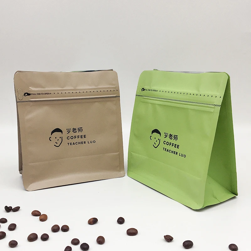 flat bottom eight side seal green coffee bag 100 gm 250g 500g 1kg coffee packaging