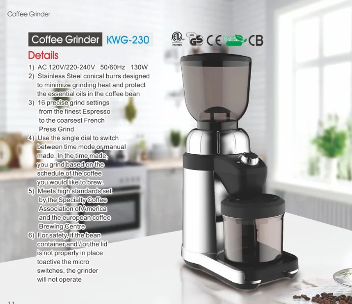 CE  GS  CB  ETL ROHS  LFGB  ABS   housing conical burr  coffee grinder KWG-230