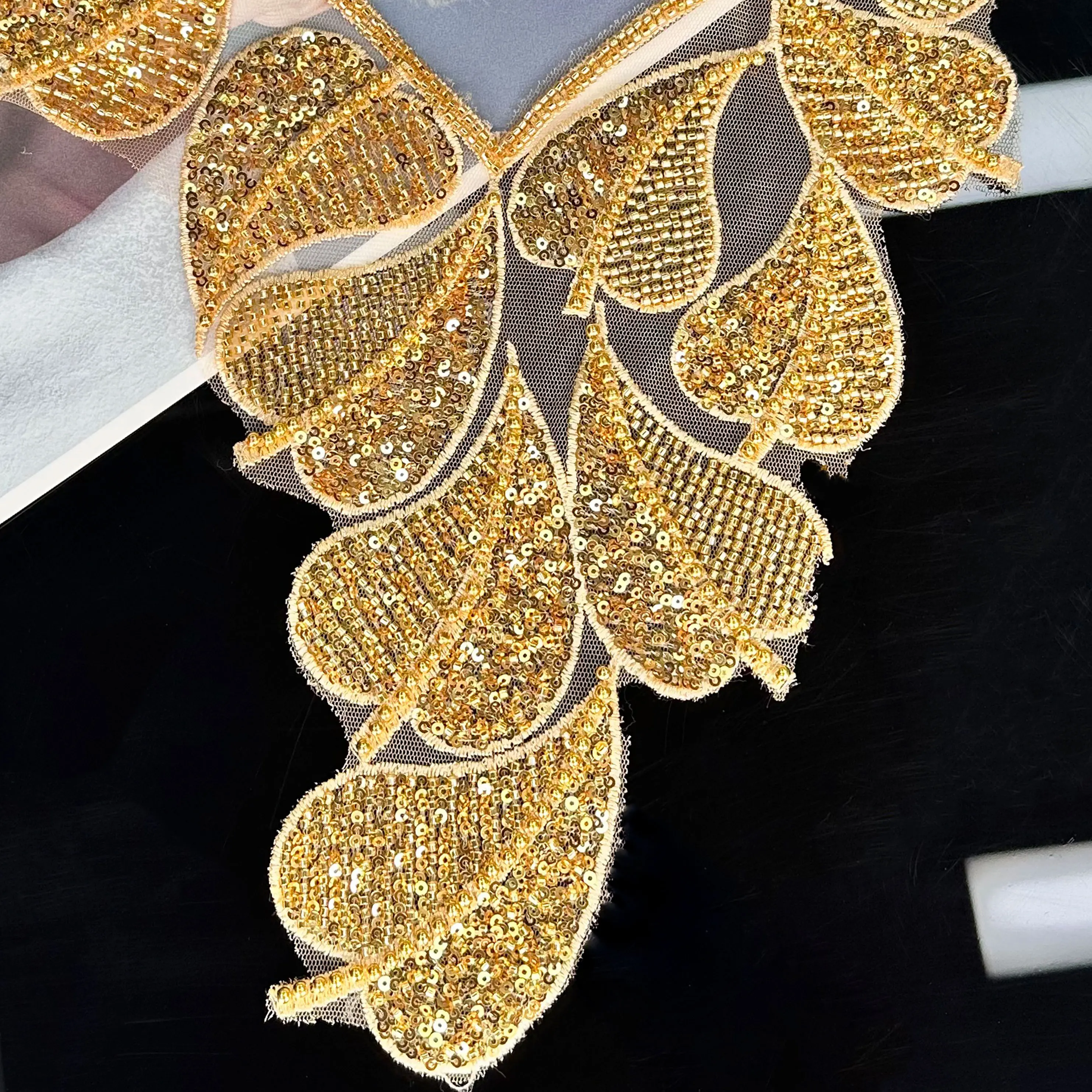 Gold Lace Sequin Decoration Bead Embroidery Collar Bodice Applique for DIY Sewing, Dance Clothes Formal Dresses