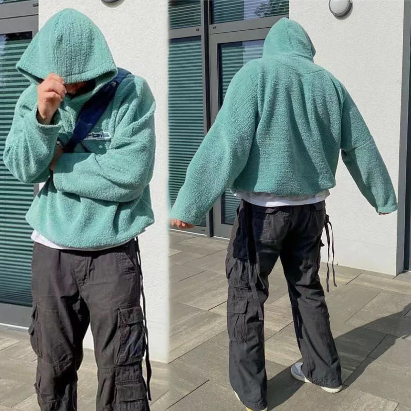 Mens Hoodies Solid Color No Pocket Oversized  Sweatshirts Hooded Streetwear Custom Embroidery Sherpa Fleece Hoodie For Men