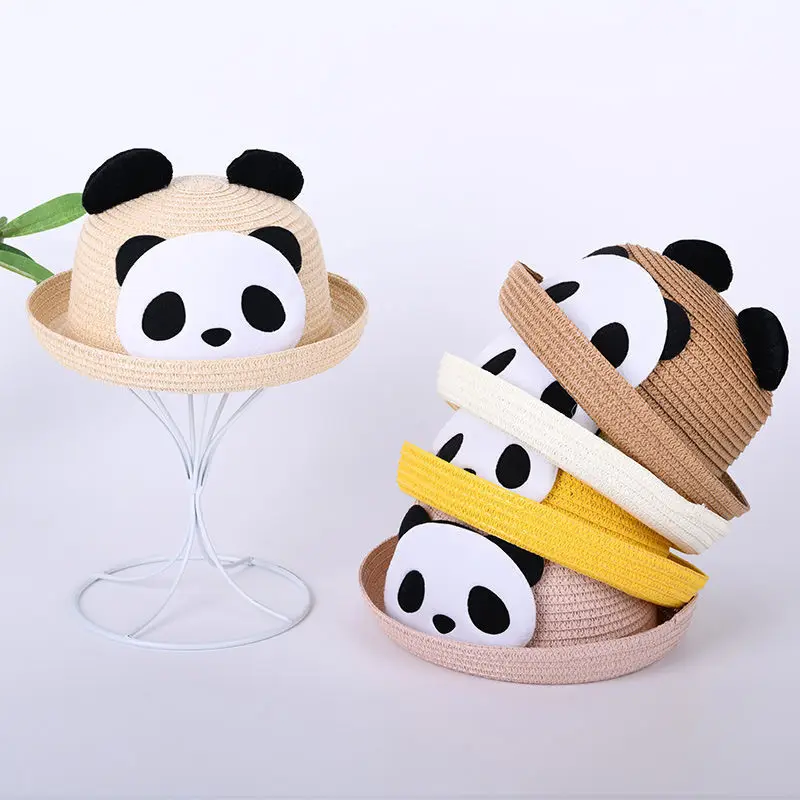 Summer Kids Beach Travel Hat Korean Cartoon Panda Boy Girls Straw Children Sun Hat Baby Fisherman Hat Kids Panama