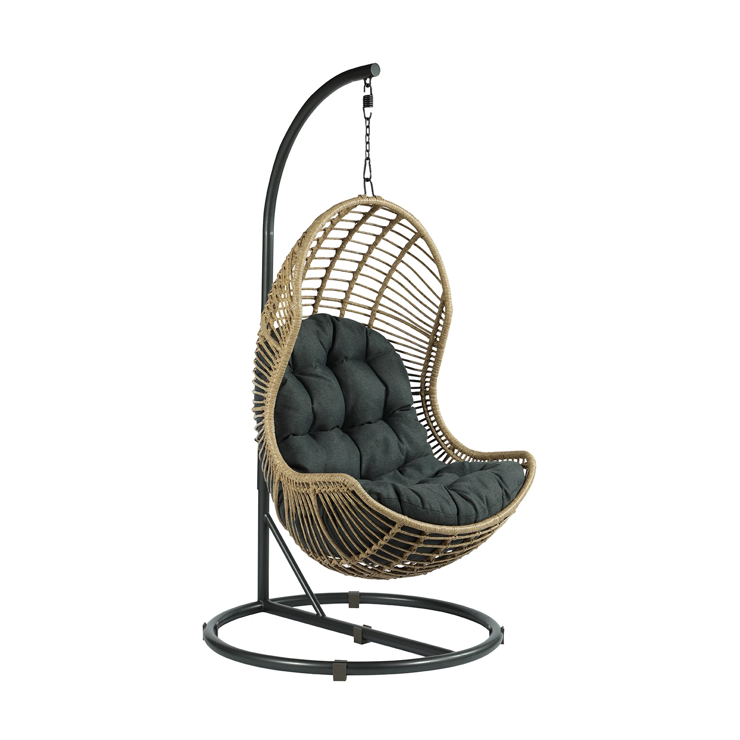 
indoor outdoor garden patio furniture P.E rattan wicker hanging egg swing chairs with Water Resistant Cushions and Iron base 