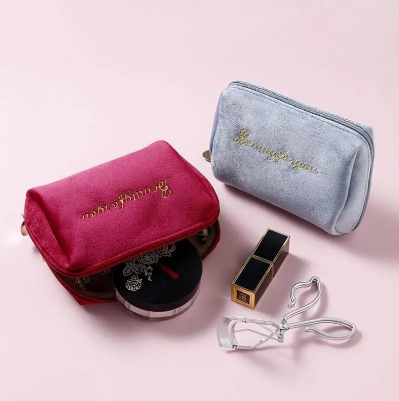 Women Zipper Velvet Make Up Bag Travel Large Cosmetic Bag for Makeup Solid Color Female Make Up Pouch Necessaries