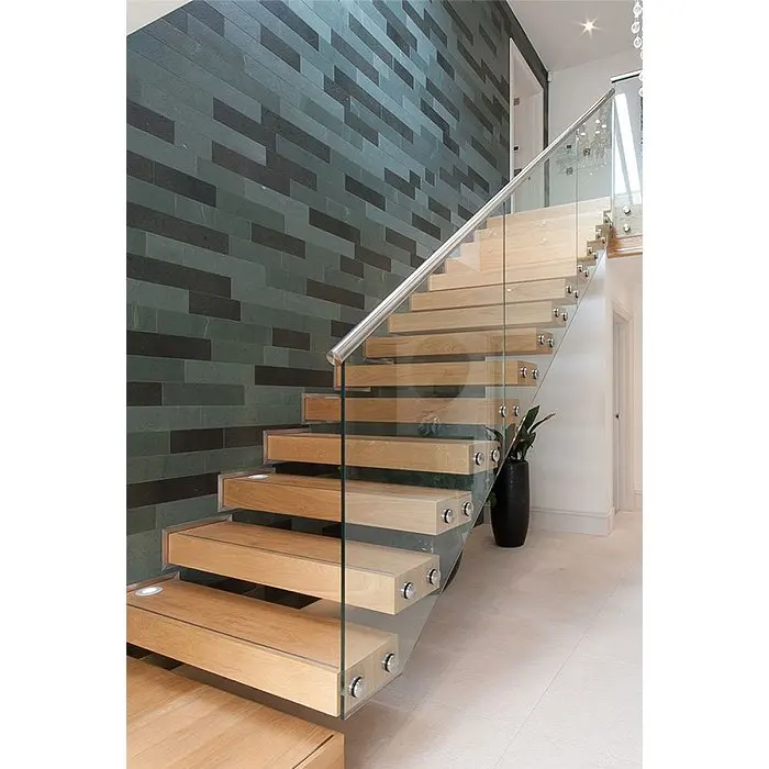 ACE Modern Floating Glass Railing Wooden Treads Staircase For Interior From Foshan Factory